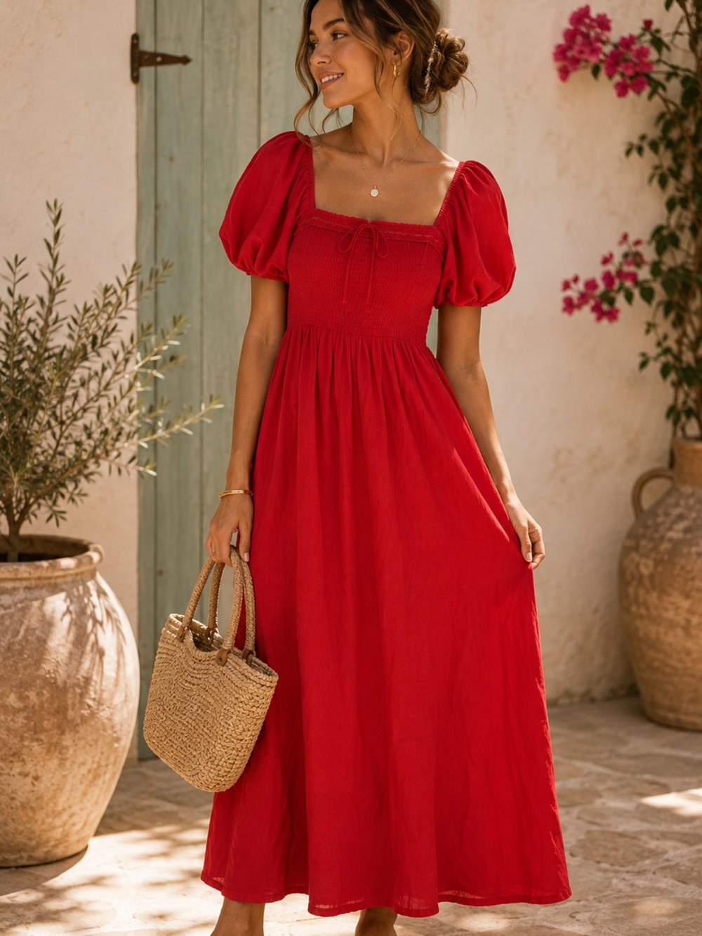 Abercrombie & Fitch Red Puff Sleeve Maxi Dress XS NWT